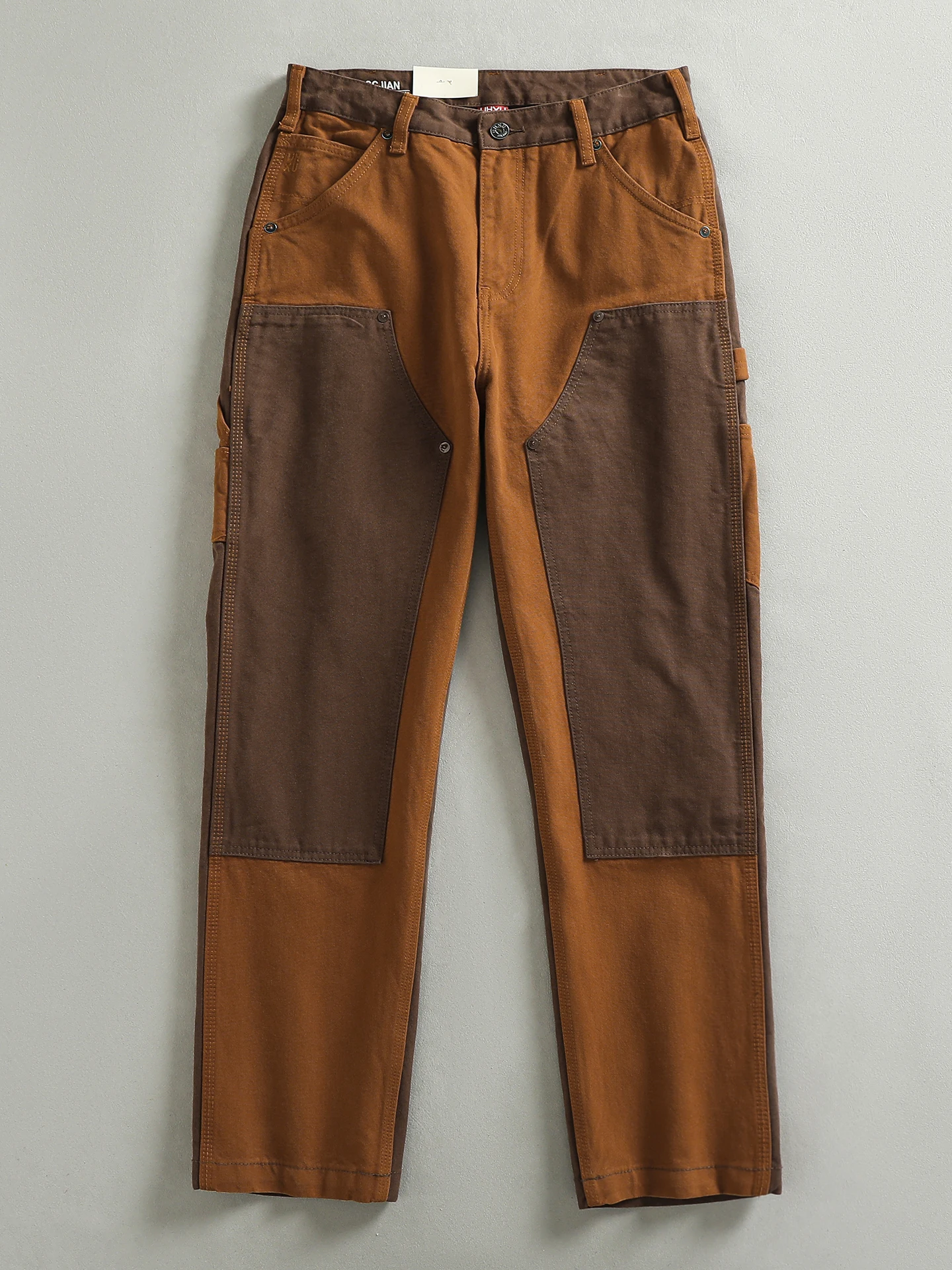 Spring New American Retro Workwear Casual Pants Color Block Men's Cotton Twill Long Trousers Straight Leg Zipper Fly mid Waist