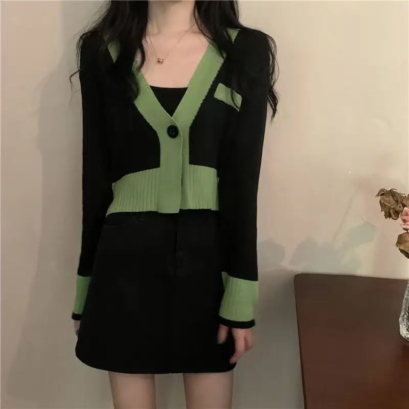 

Retro Short Color Block Long Sleeve Women's Knitted Sweater Jacket Early Autumn Outerwear Cardigan Top Korean Style Loose Fit