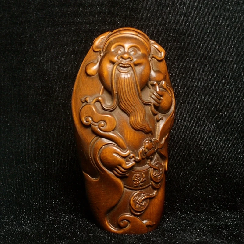 YIZHU CULTUER ART Size 3.3 Inch Old Chinese boxwood hand carved exorcism Zhong Kui bat statue coin netsuke decorated collection