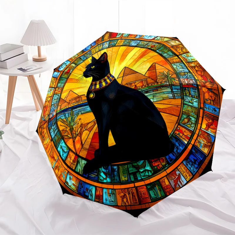 

1pc Egyptian Pyramids & Black Cat Stained Glass Automatic Umbrella - Auto-Open/Close, 8-Rib Heavy-Duty Windproof Canopy, Egypt