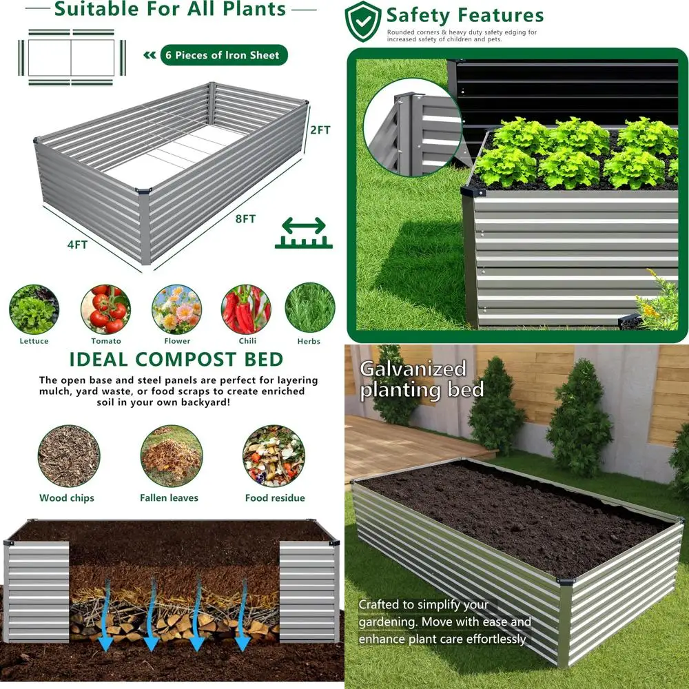 

Большая оцинкованная садовая кровать размером 8x4x2 футов, прямоугольная металлическая кашпо для улицы, идеально подходит для овощей, фруктов, трав - серебро