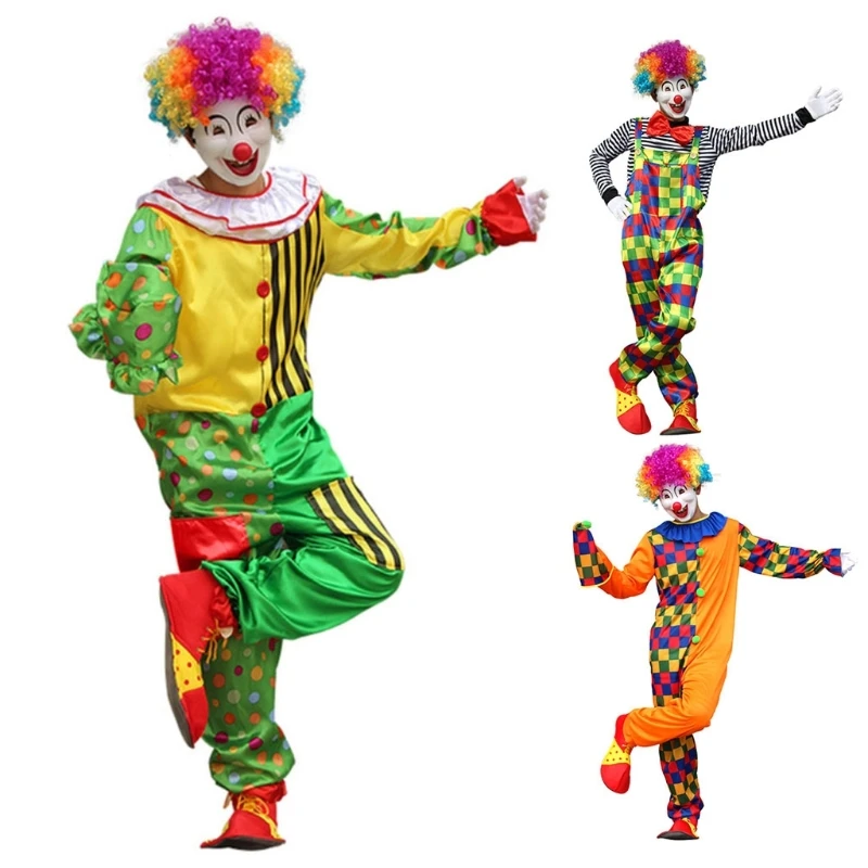 Conjunto de disfraces de payaso de lujo para hombres adultos, Disfraces de Halloween de payaso, disfraces de payaso de escenario de Color brillante