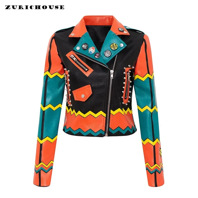 Contrast Graffiti Print Faux Leather Jacket for Women 2024 New Streetwear Punk Rock Slim-fit Cropped Motorcycle Jackets