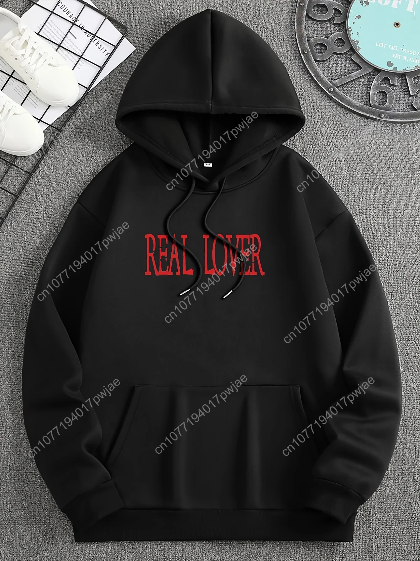 Sudadera con capucha con estampado gráfico "REAL LOVER" para hombre, acogedora jersey con forro polar y diseño de ángel y dados, sudadera informal holgada con capucha