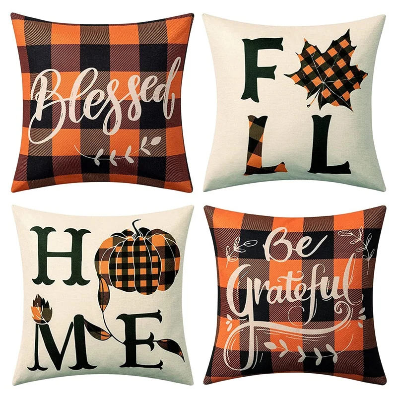 

Fall Throw Pillow Covers 18X18 Set Of 4, Thanksgiving Farmhouse Autumn Pillows, Cushion Case Sofa And Home Decor