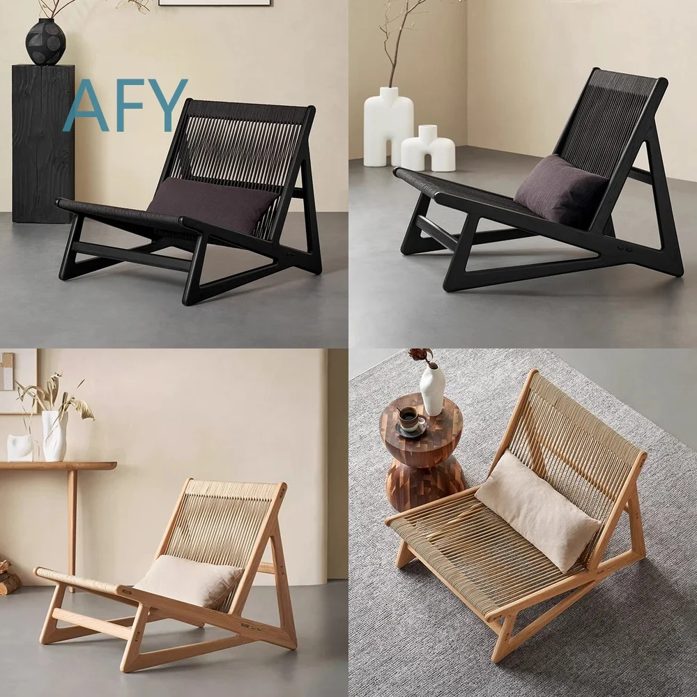 Wabi Sabi Style Outdoor Balcony Lounge Chair for Small Spaces Rustic Solid Wood Rope Woven Single Seater for Hotel Airbnb