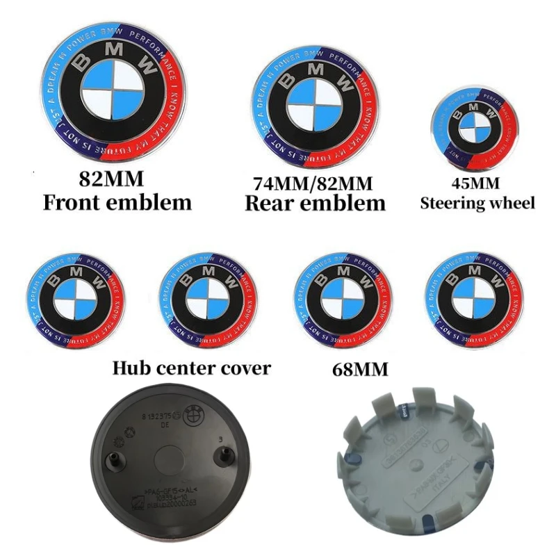 Emblema de 7 piezas para capó delantero de BMW, Logo del 50 ° aniversario de 82mm, insignia trasera de 74mm, tapa de cubo de rueda de 68mm, pegatina