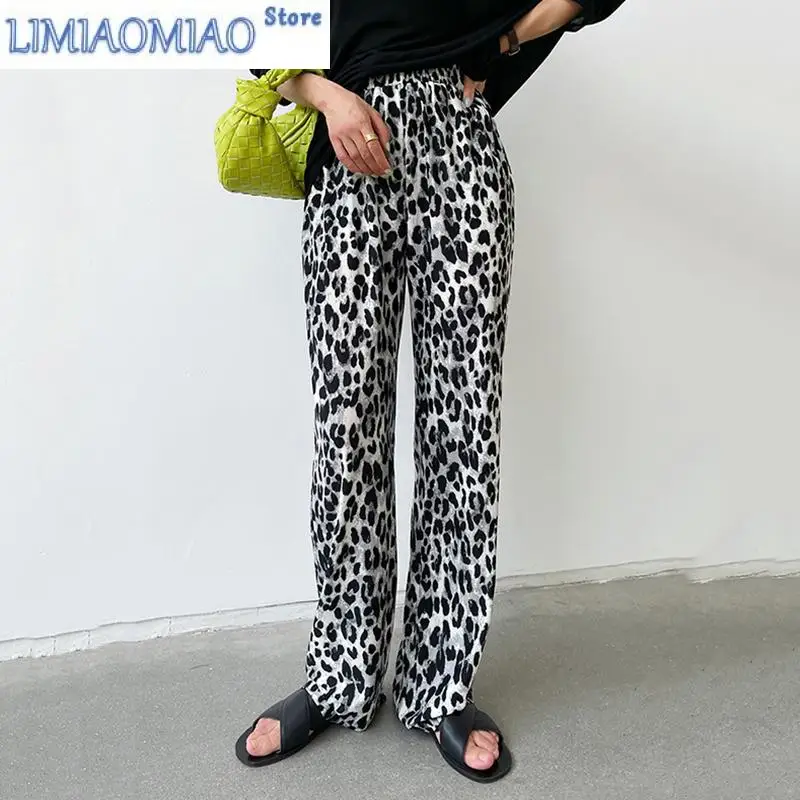 New Leopard Print Wide Leg Pants Women Summer High Waist Punk Style Thin Pants Long Trousers pantalon femme