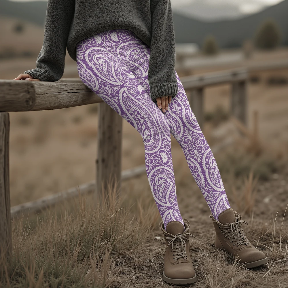 المرأة الأرجواني بيزلي طباعة الحرارية طماق الطبقات فوق السراويل سميكة الشتاء يمكن ارتداؤها الجوارب بوهو نمط وتتسابق السراويل