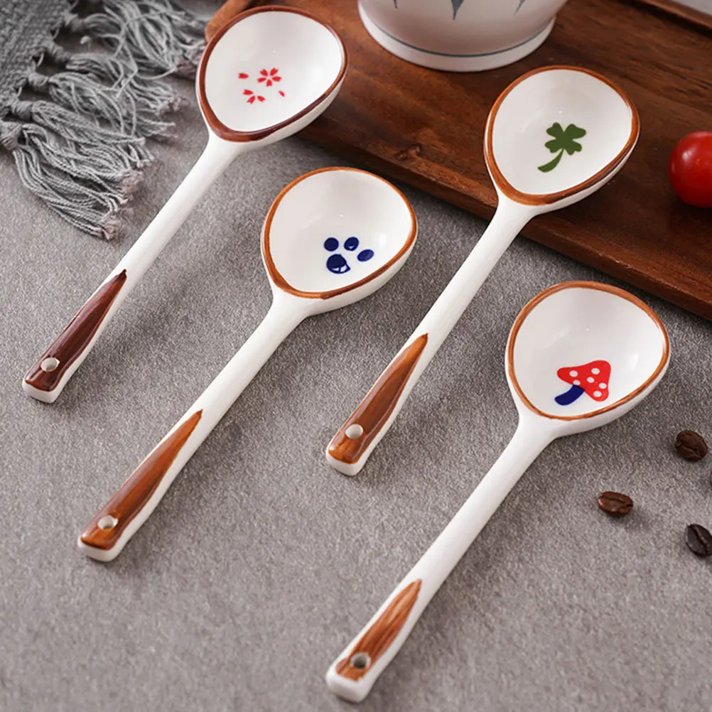 

4Pcs Safe Ceramic Soup Spoon Long Handle Porridge Spoon for Home Kitchen Dinnerware Dinnerware Set Soup Spoons