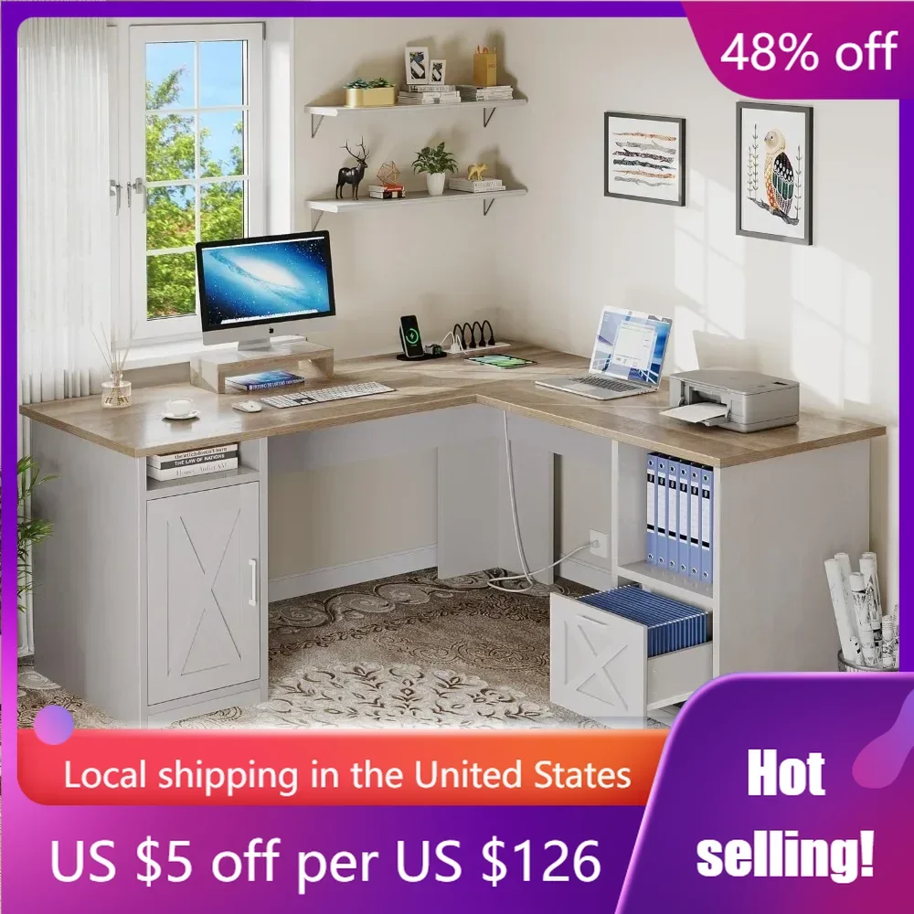 L-Shaped Desk With File Cabinet Living Room Corner Table Home Office Desk With Monitor Stand & Storage Shelves Freight free