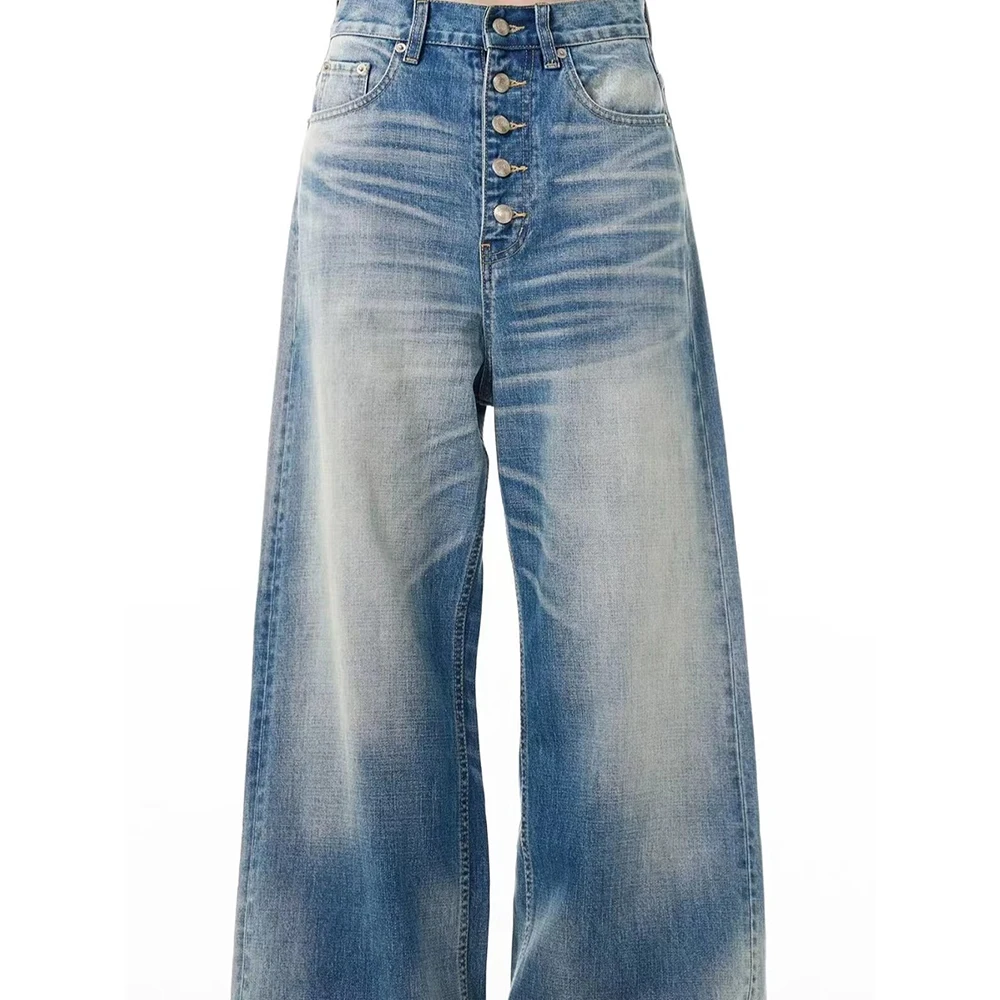 Women Light Blue Gradient Washed Jeans American Style High Waist Multi-button Wide Leg Pants Vintage Straight Loose Denim Pants