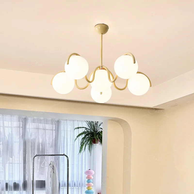 

French Creamy Mid-century Vintage Nordic Glass Globe Pendant Lamp: Magic Bean Design Lighting for Bedroom, Study Room