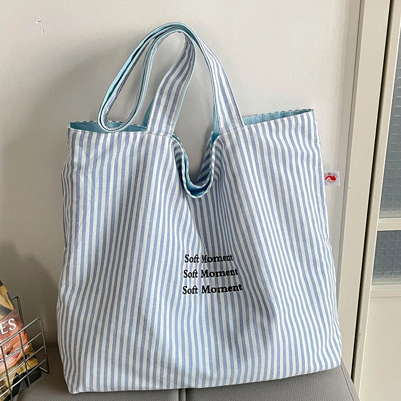 

Korean Stripe Letter Double-Sided Shoulder Bags for Women Large Capacity Ladies Handbags Tote Lightweight Girls Shopping Bag