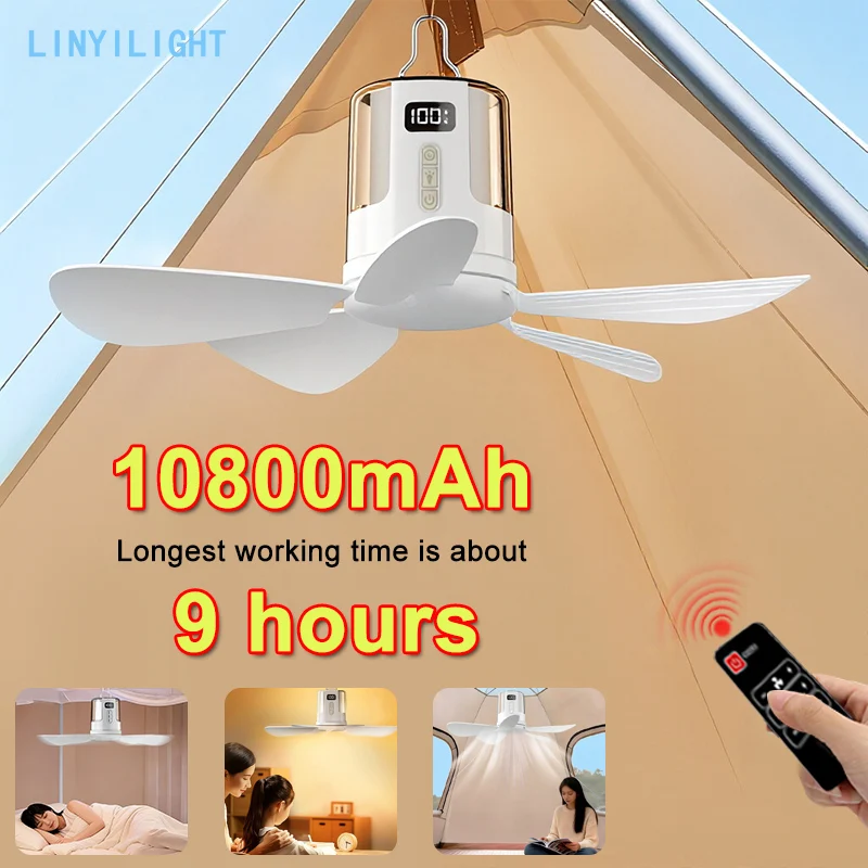 10800mAh Battery Operated Cooling Fan Portable Ceiling Fan Wireless Ceiling Fan Multi Functional Ceiling Fan for Bedroom Camping