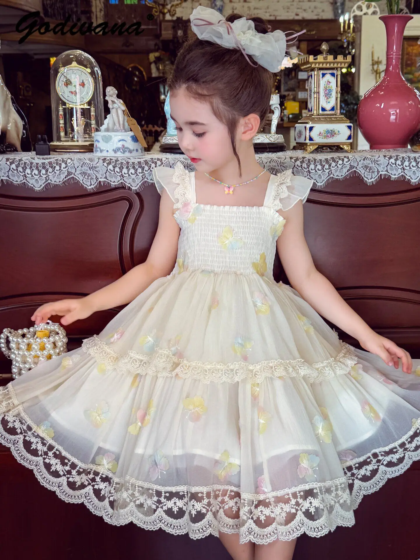 Sweet Baby Girls Summer 2026 New Princess Dress Kids Flutter Sleeve Cute Butterfly High Waist Lace Trim Tulle Casual Sundress