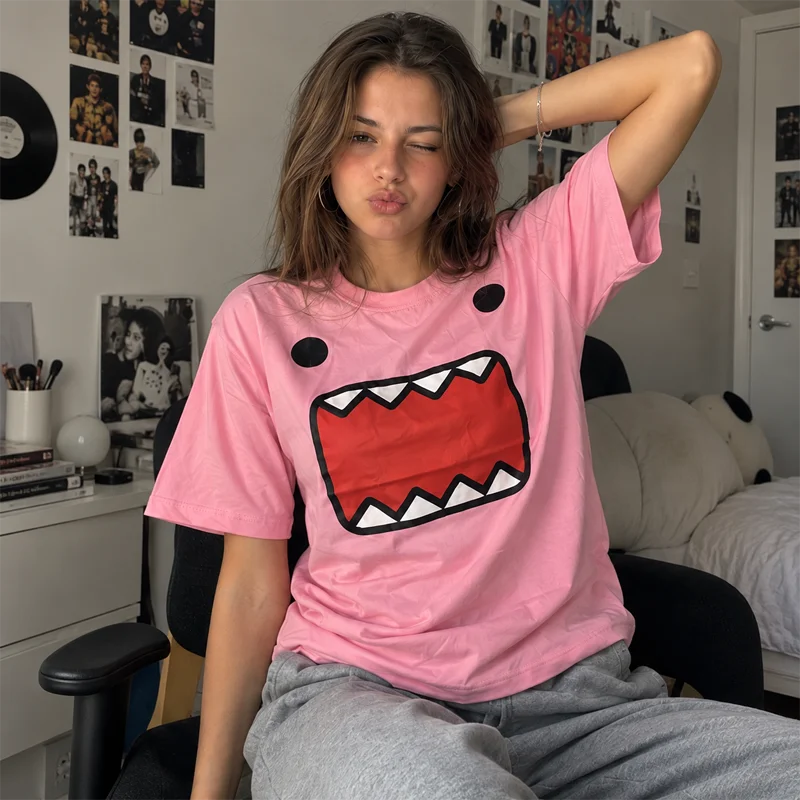 Women Pink Graphic T Shirt Cartoon Monster Mouth Print Short Sleeve Crew Neck Loose Fit Casual Streetwear Summer Tee for Women