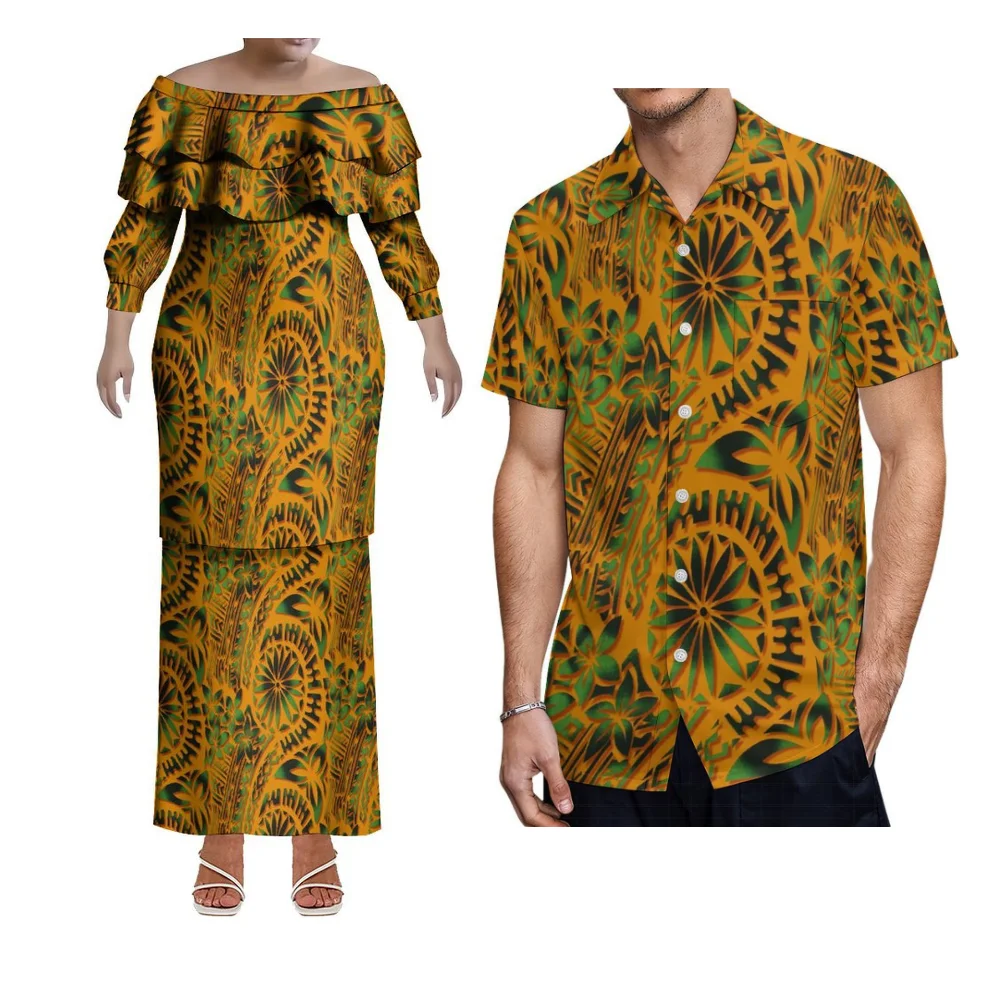 폴리네시안 아일랜드 스타일 커플 세트 3D 프린팅 플로럴 풀레타시 여성용 투피스 세트 & 남성용 반팔 셔츠