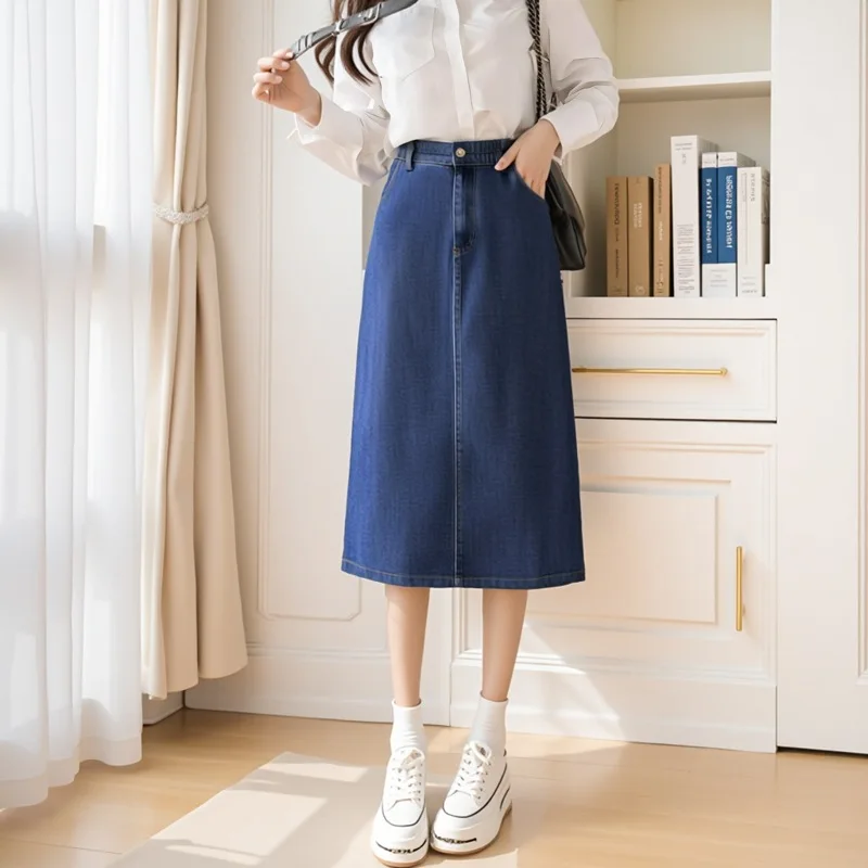 150Kg Plus Size Women's Spring Loose One-Step Denim Skirt Elastic Waist Mid-Length Temperament Skirt Blue 5XL 6XL 7XL 8XL 9XL