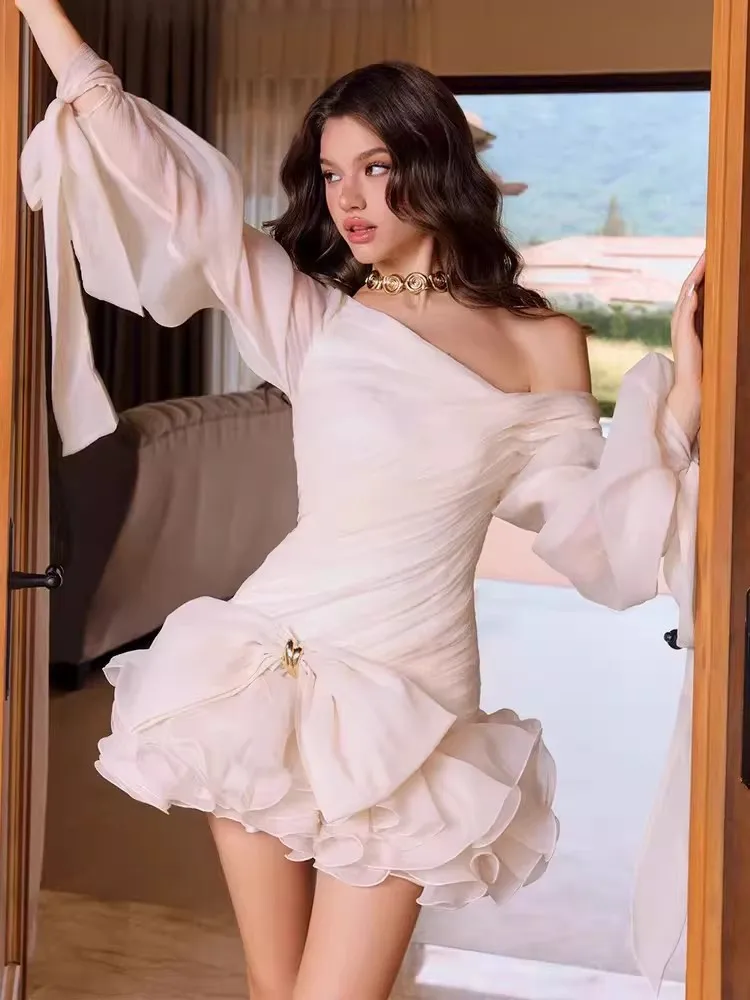 

Spring Autumn Chest Wrapping Dresses Shorts Suit Women Long Sleeves Dress+high Waist Shorts Female Elegant Slim Two Piece Set