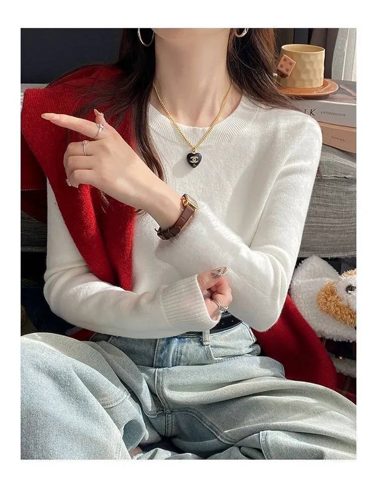 Damen-Strickoberteil mit Fce-Futter, rund, Slim-Fit, Basis, Irt, Weiß, Herbst-Winter-Innenbekleidung, bequemes, dehnbares Oberteil