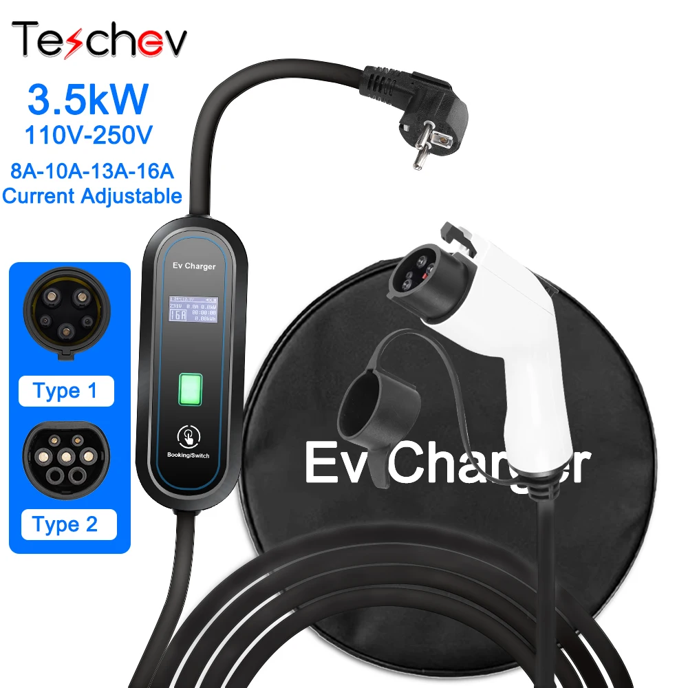 Teschev Electric Car Charger Type 2 16A Charger Type 1 EV Charger for Electric Vehicle Charging Cable Type 2 EV Wallbox Portable