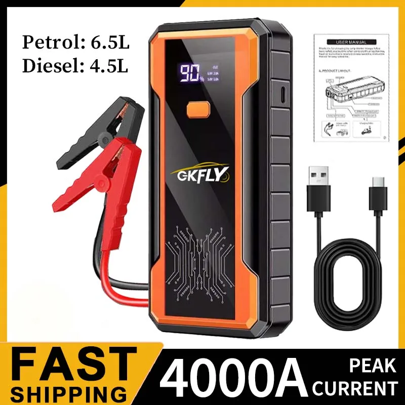 GKFLY 4000A Rozrusznik Samochodowy Przenośny Power Bank 2000A Booster Akumulatora Samochodowego 12V Pomocnicze Urządzenie Rozruchowe do Silników Diesla i Benzynowych