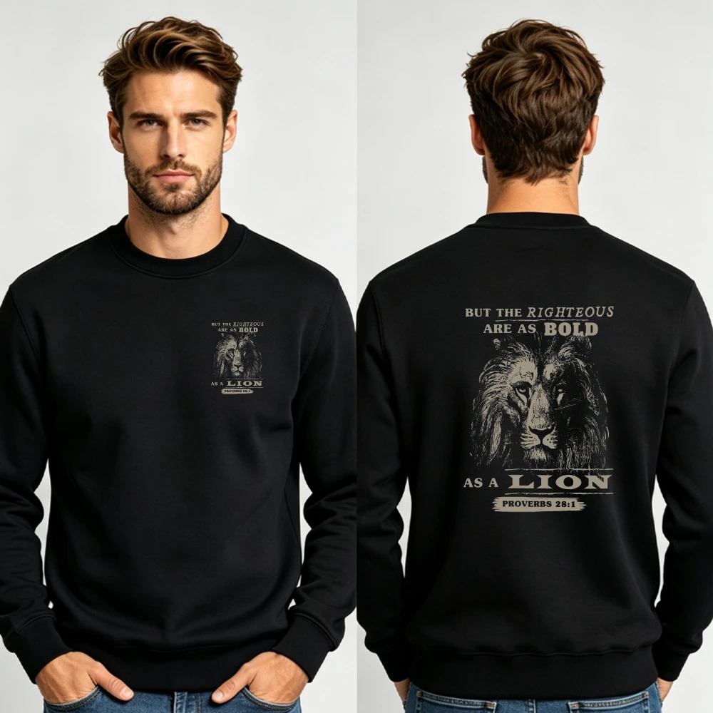 Bold As A Lion Proverbs Bible Verse Crewneck Sweatshirt Retro Lion Print Double Sided Christian Religious Unisex Pullover Sweat