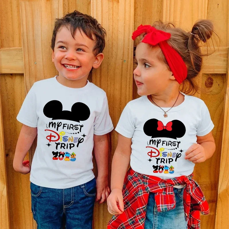 New My First Trip 2025 Children's T-shirt Fun Short sleeved Boys and Girls Holiday T-shirt Children's Clothing