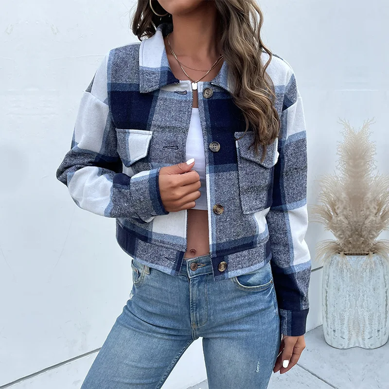 Retro Plaid ort Open Cardigan Women's Jaet Loose Fit Long Sve Ultra ort Length Faion Outerwear for Autumn Winter