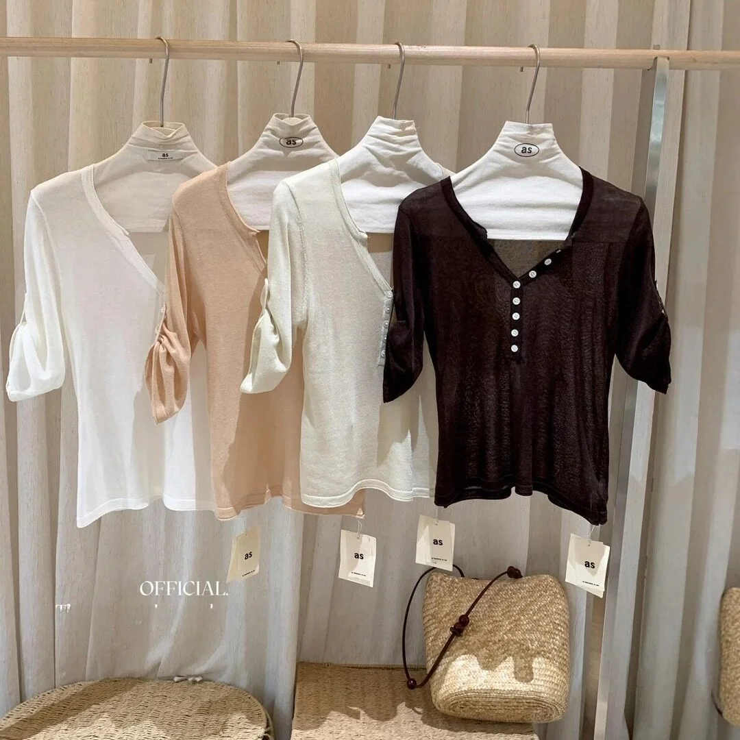 

Retro Half Open Collar Short Sleeve Knitted Sweater Women's Summer Thin Spicy Slim Fit Midi Sleeve Top Korean Style Commute
