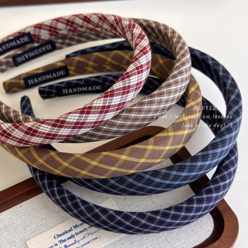 Retro College Style Thin Check Pattern Headbands Sweet Versatile Color Plaid Sponge Hair Hoop For Womens Girls Fashion Hair Band