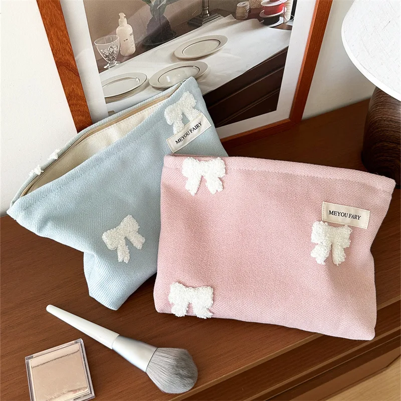 Twill Fabric Towel Embroidery 3D Bow Handheld Pouch, Makeup Storage Bag for Women, Cute Cosmetic Organizer