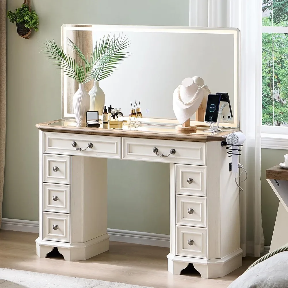 

farmhouse-style makeup desk with 48 inch hd illuminated mirror and 8-drawer storage, featuring 3-color lighting options