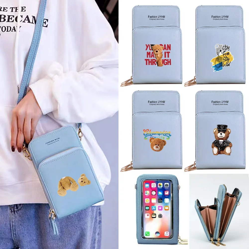 New Women Wallets Mobile Phone Bag Pu Leather Card Pack Female Shoulder Crossbody Bags Bear Print Touch Screen Cell Phone Purse