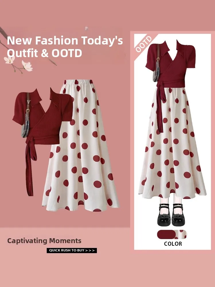 

Summer Hong Kong Style Set Women's Retro Feelings Tied Cardigan Short Sleeve with Red Polka Dot Skirt Two Piece Set