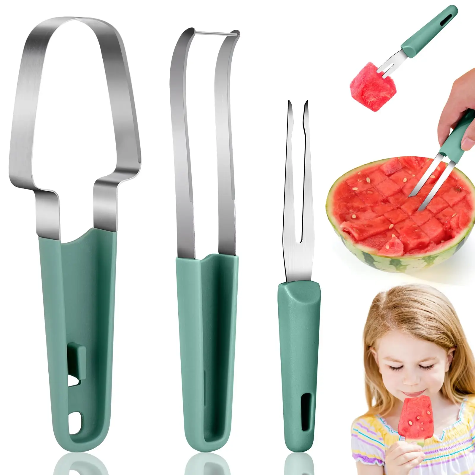 3-in-1 Watermelon Fork Slicer Cutter, Stainless Steel Fruit Cube Cutting Tool Set, Nestable Watermelon Knife Fork Slicer, Summer Fruit Slicing Gadget for Home Kitchen Picnic Party