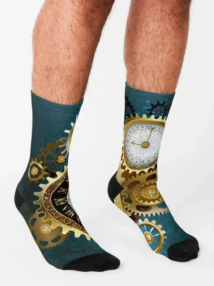 Two Steampunk Clocks with Gears Socks warm winter japanese fashion with print winter thermal Socks Women's Men's