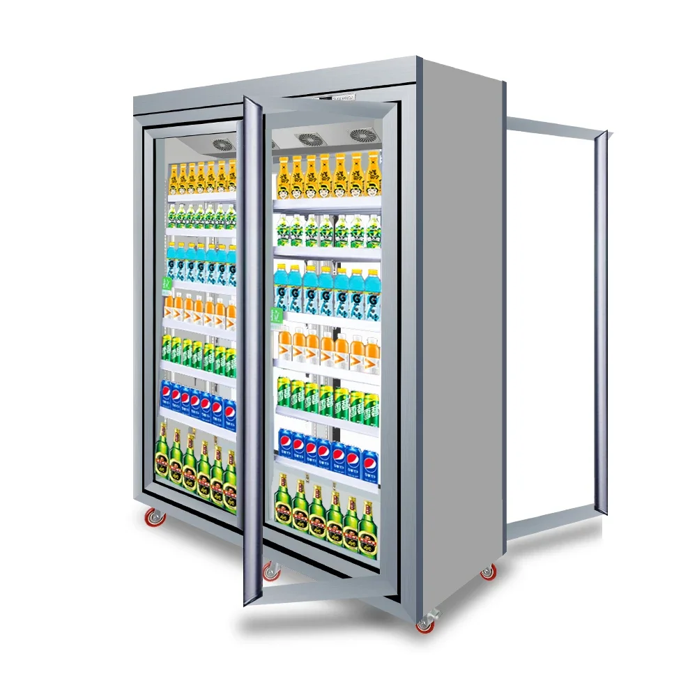 Supermarket or convenience store commercial front and rear double door beverage refrigerated display cabinet