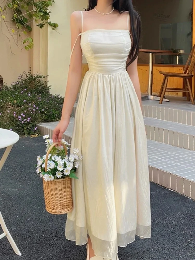 Vestido De línea A con tirantes finos para Mujer, ropa estética, camisola, Vestidos De Mujer, bata con pliegues, ropa De calle lisa De una pieza