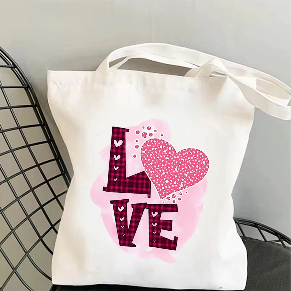 Heart Patchwork LOVE Print Canvas Tote Bag, Reusable Valentine Shoulder Bag, Ideal For Anniversary Gifts & Daily Casual Outings
