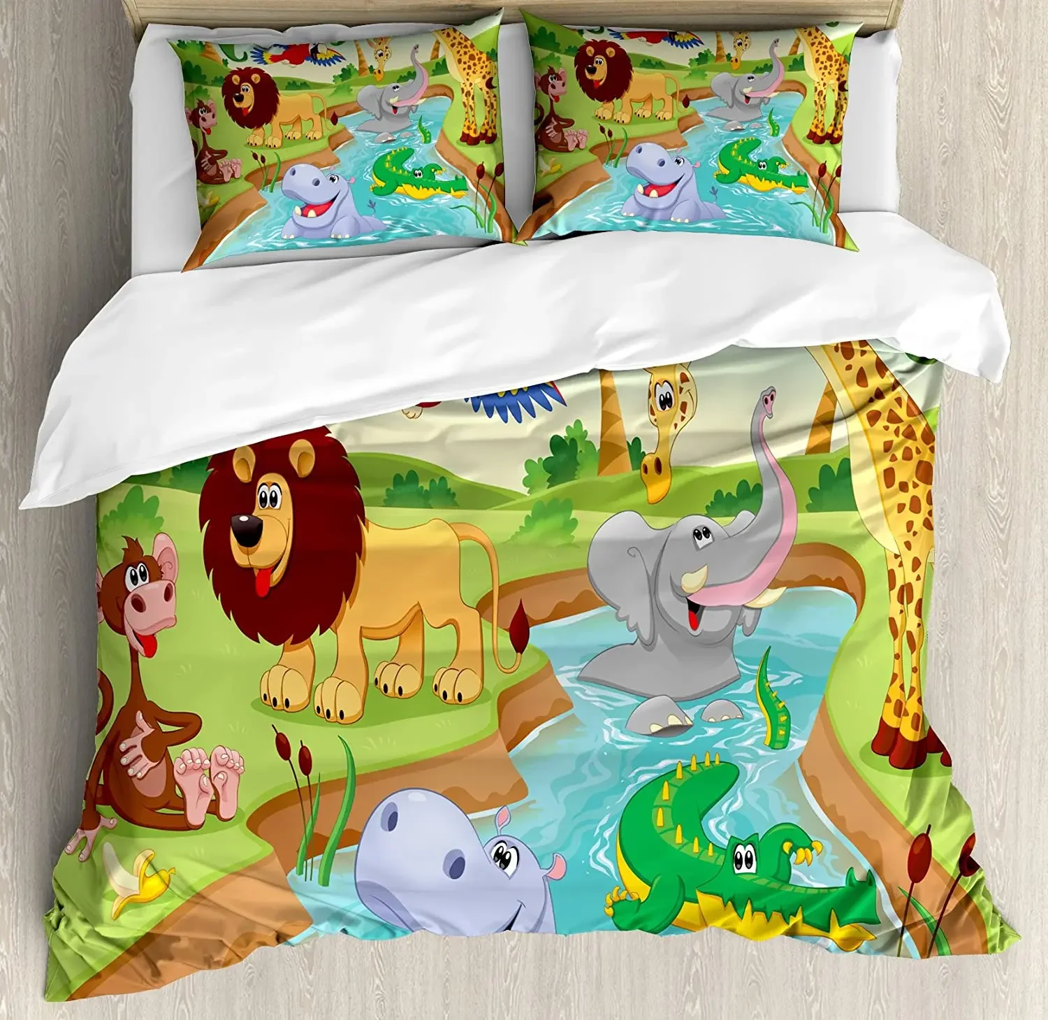 Children Bedding Set For Bedroom Bed Home Cartoon Safari African Animals Swimming in the Duvet Cover Quilt Cover And Pillowcase