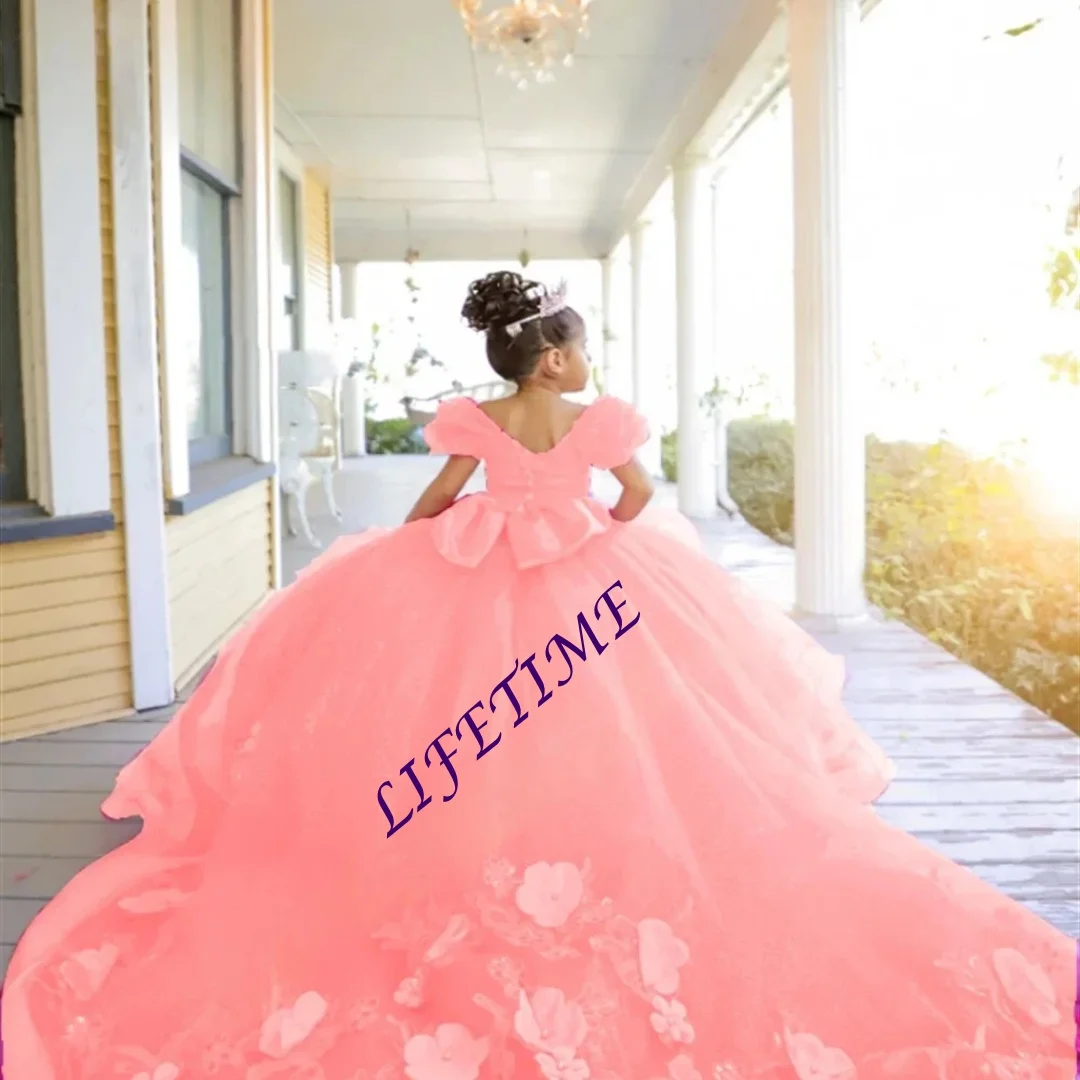 Customized Hot Pink Ball Gown for Flower Girl with Puff Sleeves Big Bow Floral Appliqués Glitter Tulle Long Train