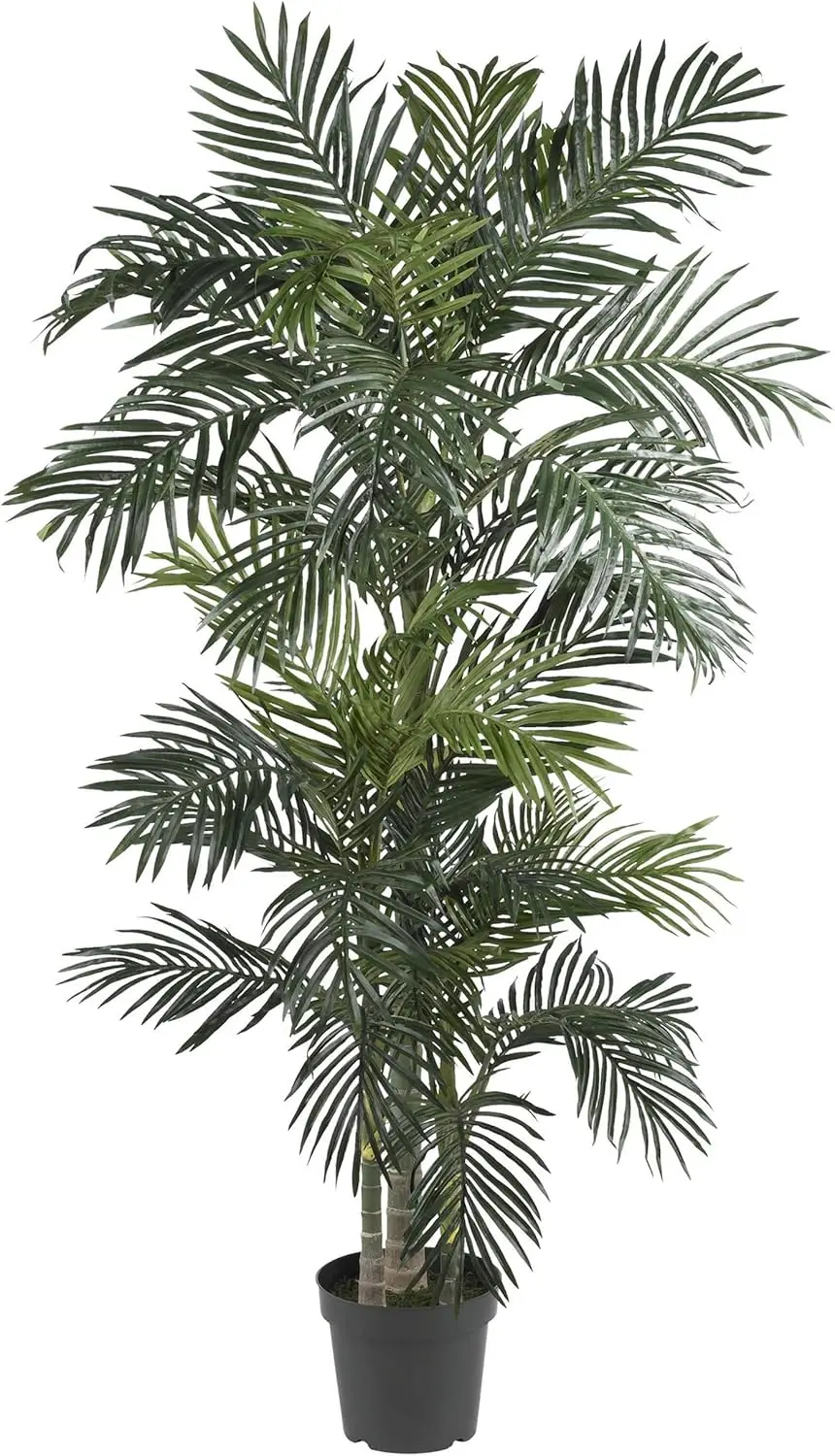 

6.5ft Artificial Golden Cane Palm Tree, Lifelike Silk Indoor Plant with Three Trunks Flexible Fronds in Planter, Low Maintenance