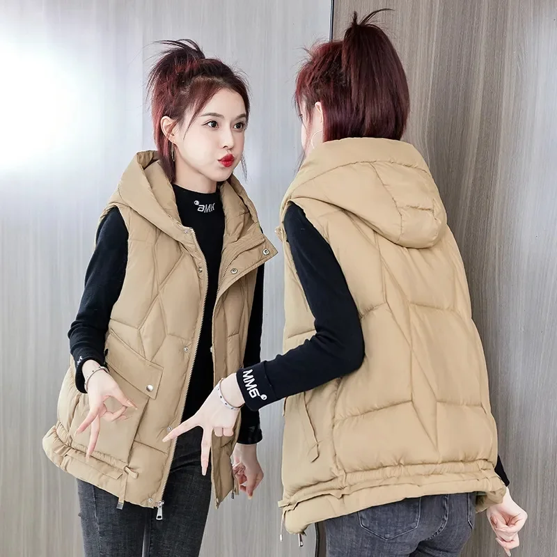 2024 New Autumn Winter Warm Waistcoat Ladies Sleeveless Hooded Down Cotton Coats Women Outerwear Casual Puffer Vest Jacket