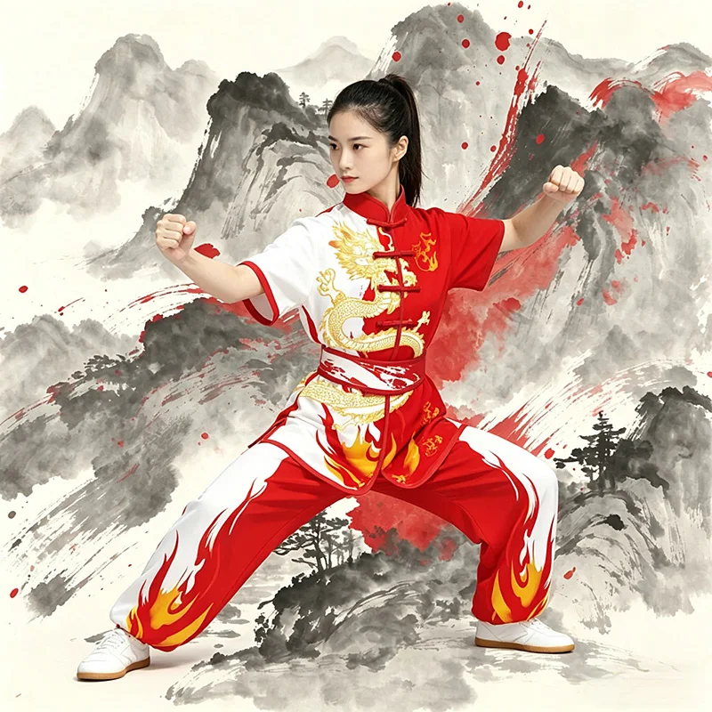 Premium High-End Unisex Tai Chi Practice Uniform Spring/Summer 2026 New Red Dragon Embroidery Cotton-Silk Blend