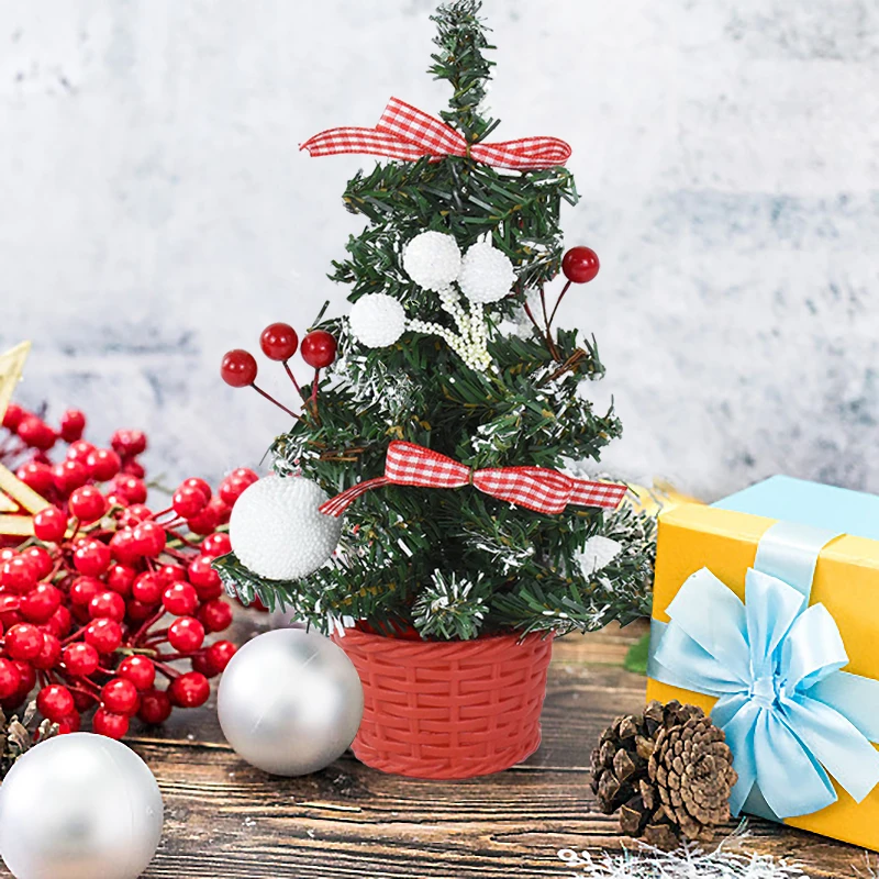 Mini Artificial Christmas Tree with Pot Pre-Decorated with Bowknot Pine Cone Baubles Xmas Ornament Home Table Holiday Decor