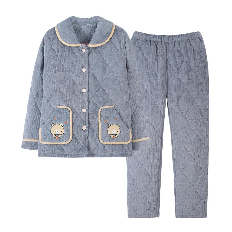 Mùa Đông Ấm Dày Cardigan Nữ Ba Lớp Cotton Đồ Ngủ Phù Hợp Với Hoạt Hình Dễ Thương Thoải Mái Mềm Mại M-3XL Nữ Homewear Bộ Đồ Ngủ