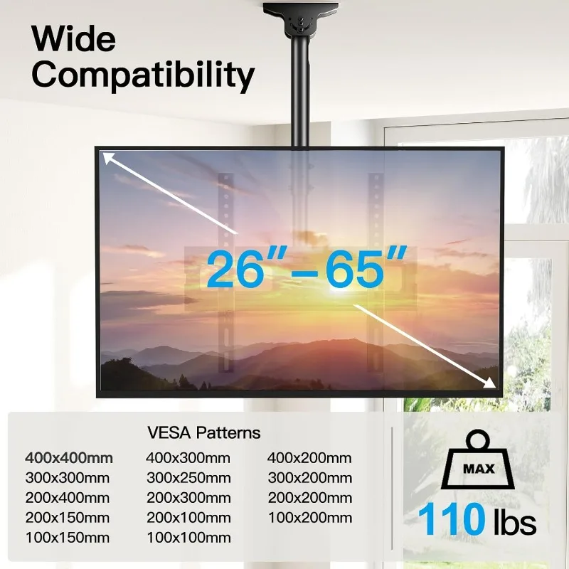 Decken-TV-Halterung für 26-65-Zoll-Flachbildschirme, hängende, verstellbare Decken-TV-Halterung, passend für die meisten LCD-LED-OLED-4K-Fernseher