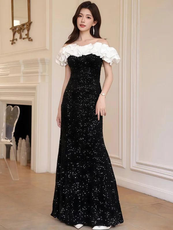 

Ele Bla-oulder Sequin Fi-Tail Dr Sexy Evening Gown Midi Length Zipper Ba Sle for Wedding Par KTV